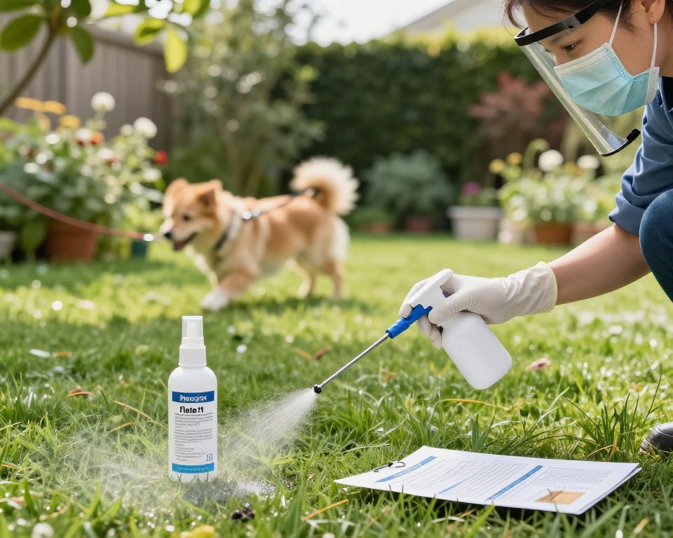 A clean, well-organized outdoor setting showcasing safe application practices for flea spray. In the foreground, a determined professional wearing a protective mask and gloves applies flea spray on a patch of grass, using a handheld sprayer. The middle ground features an open bottle of flea spray with clear safety labeling and an information sheet illustrating safety precautions. In the background, a sunny garden scene includes pet-friendly plants and a dog safely playing on a leash, conveying a sense of well-being and care. Soft, natural lighting accentuates details, while a slightly blurred background adds depth. The overall atmosphere is calm and responsible, promoting awareness about the safe use of flea spray.