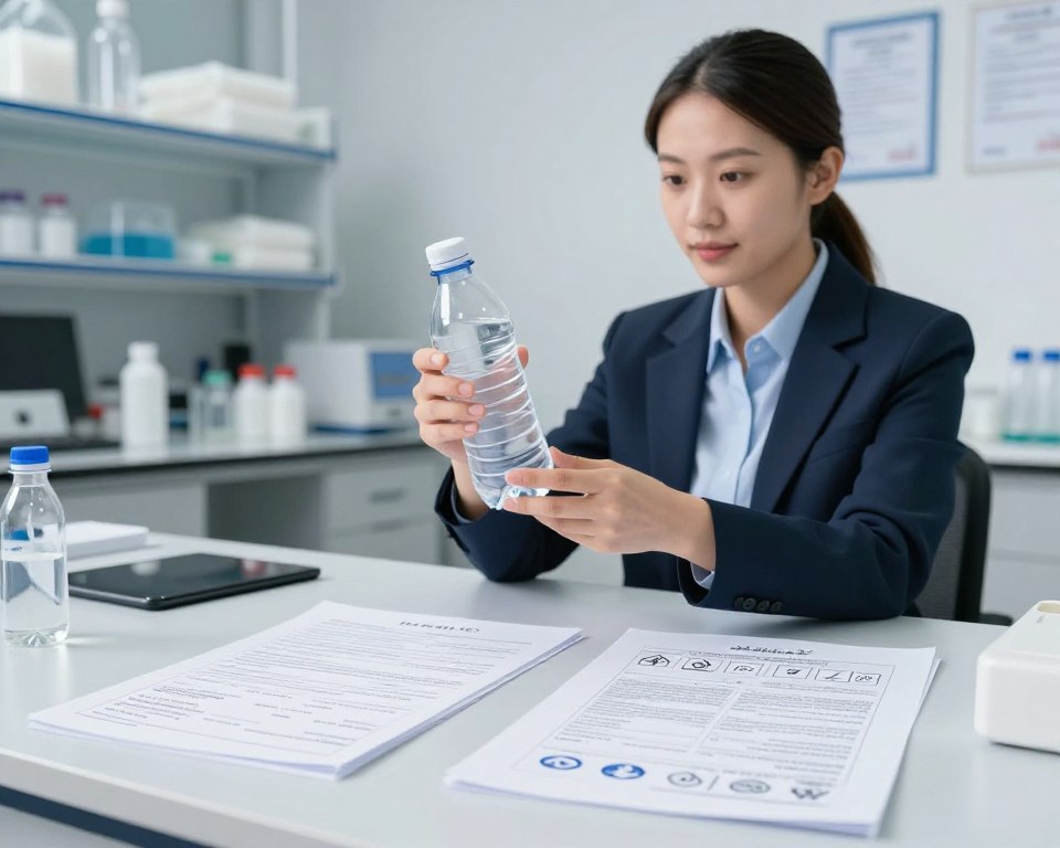 A clear and informative scene depicting the concept of PET plastic safety. In the foreground, a set of regulatory documents and safety certifications featuring icons and symbols representing safety standards, all arranged on a modern office desk. In the middle ground, an expert in business attire carefully examining a PET plastic bottle under soft, diffused lighting to emphasize clarity and focus. The background features a sleek, minimalistic laboratory environment with shelves displaying safely stored PET materials and certificates on the walls. The overall mood should be professional and reassuring, conveying a sense of trust and responsibility regarding PET plastic safety, captured with a slight depth of field to keep attention on the foreground subjects. A clear and informative scene depicting the concept of PET plastic safety. In the foreground, a set of regulatory documents and safety certifications featuring icons and symbols representing safety standards, all arranged on a modern office desk. In the middle ground, an expert in business attire carefully examining a PET plastic bottle under soft, diffused lighting to emphasize clarity and focus. The background features a sleek, minimalistic laboratory environment with shelves displaying safely stored PET materials and certificates on the walls. The overall mood should be professional and reassuring, conveying a sense of trust and responsibility regarding PET plastic safety, captured with a slight depth of field to keep attention on the foreground subjects.