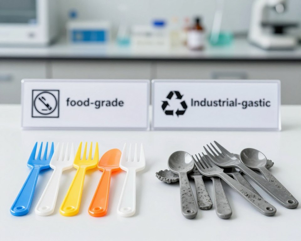 A clear, educational comparison image showcasing food-grade and industrial-grade plastics in a professional setting. Foreground: Two distinct groups of plastic utensils, one set glossy and vibrant (food-grade) on a clean white surface, contrasting with a group of dull, opaque, and rough-textured industrial-grade plastics. Middle: A side-by-side display featuring labels or icons indicating the differences, such as safety symbols or recycling codes. Background: A softly blurred laboratory environment with a neutral color palette, emphasizing a sense of scientific inquiry. Lighting should be bright and even, highlighting the textures and colors of the plastics. The mood is informative and exploratory, inviting viewers to learn about plastic safety.