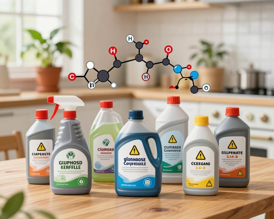 A clear, educational illustration depicting common weed killer chemicals to avoid, set on a wooden table in a well-lit kitchen. In the foreground, several labeled bottles of weed killer, each with warning symbols, arranged neatly. The middle ground showcases a variety of chemical compounds visually represented, such as glyphosate and 2,4-D, with molecular structures displayed artistically. The background features a potted plant wilting to emphasize the harmful effects of these chemicals on the environment. Soft, natural lighting pours in from a window, casting gentle shadows. The overall mood is informative yet cautionary, highlighting safety and awareness around the toxic nature of these substances. Aim for a close-up angle to focus on the details, ensuring clarity and engagement. A clear, educational illustration depicting common weed killer chemicals to avoid, set on a wooden table in a well-lit kitchen. In the foreground, several labeled bottles of weed killer, each with warning symbols, arranged neatly. The middle ground showcases a variety of chemical compounds visually represented, such as glyphosate and 2,4-D, with molecular structures displayed artistically. The background features a potted plant wilting to emphasize the harmful effects of these chemicals on the environment. Soft, natural lighting pours in from a window, casting gentle shadows. The overall mood is informative yet cautionary, highlighting safety and awareness around the toxic nature of these substances. Aim for a close-up angle to focus on the details, ensuring clarity and engagement.