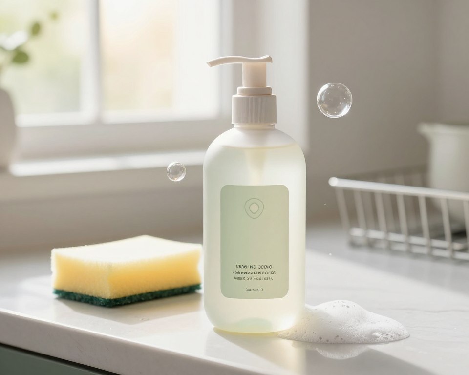 A clear, labeled bottle of fragrance-free dish soap with a sleek, modern design, prominently displayed in the foreground. The bottle should feature a minimalist aesthetic with soft pastel colors, emphasizing its eco-friendly attributes. Surrounding the bottle, a few soapy bubbles float gently, illustrating its efficacy in cutting grease. In the middle ground, a clean kitchen countertop with a stylish sponge and a dish rack subtly complements the dish soap, showcasing a pristine environment. In the background, soft, natural sunlight filters through a window, adding a warm, inviting glow that underscores the product’s gentle nature. The overall mood should evoke cleanliness, simplicity, and sustainability, appealing to allergy sufferers and eco-conscious consumers. The angle should be slightly above eye level to provide a clear view of the dish soap and its surroundings.