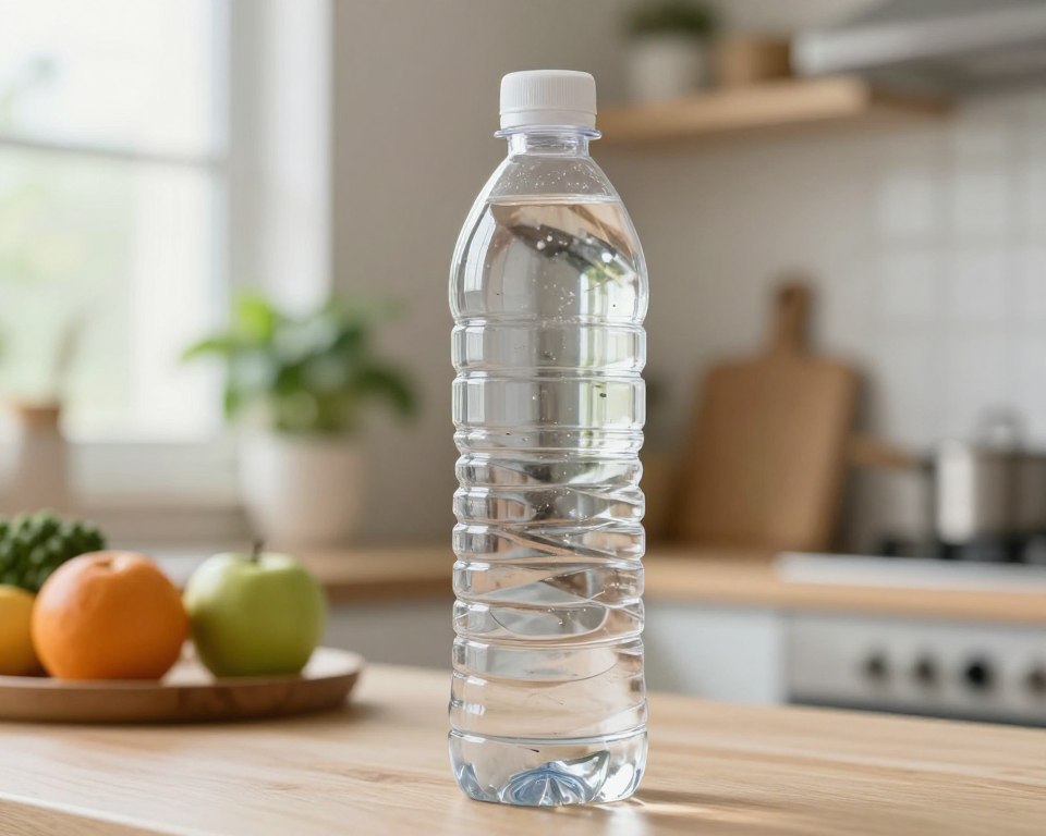 A clear, reusable plastic water bottle, partially filled with filtered water, positioned prominently in the foreground. The bottle should display subtle signs of wear, emphasizing its longevity and usage. In the middle ground, a soft-focus background of a bright, airy kitchen setting featuring plants, fruit, and natural wood elements, symbolizing health and eco-friendliness. Use soft, diffused natural light coming from a nearby window, casting gentle reflections on the bottle to enhance clarity and detail. The angle should be slightly tilted downward, capturing both the bottle and parts of the kitchen, creating an inviting and healthy atmosphere. The overall mood is refreshing and informative, ideal for highlighting the subject of plastic leaching and human health.