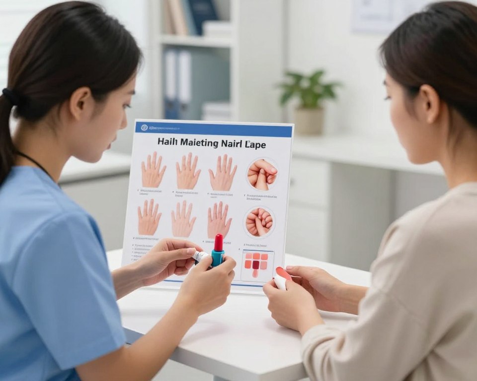 A clinical setting showcasing a healthcare professional conducting a thorough assessment of a patient with visual aids relevant to nail polish remover safety. In the foreground, the healthcare professional, dressed in modest scrubs, is focused on examining a colorful nail polish bottle and acetone while discussing the items with the patient, who appears engaged and relaxed. In the middle, a large chart displaying the effects of acetone on nails and skin emphasizes the importance of clinical insights over imagery. The background features a well-organized clinic environment with soft, diffused lighting to create a calm atmosphere. The camera angle is slightly elevated, capturing both the assessment process and the informative materials in detail, reflecting a professional and educational mood. A clinical setting showcasing a healthcare professional conducting a thorough assessment of a patient with visual aids relevant to nail polish remover safety. In the foreground, the healthcare professional, dressed in modest scrubs, is focused on examining a colorful nail polish bottle and acetone while discussing the items with the patient, who appears engaged and relaxed. In the middle, a large chart displaying the effects of acetone on nails and skin emphasizes the importance of clinical insights over imagery. The background features a well-organized clinic environment with soft, diffused lighting to create a calm atmosphere. The camera angle is slightly elevated, capturing both the assessment process and the informative materials in detail, reflecting a professional and educational mood.