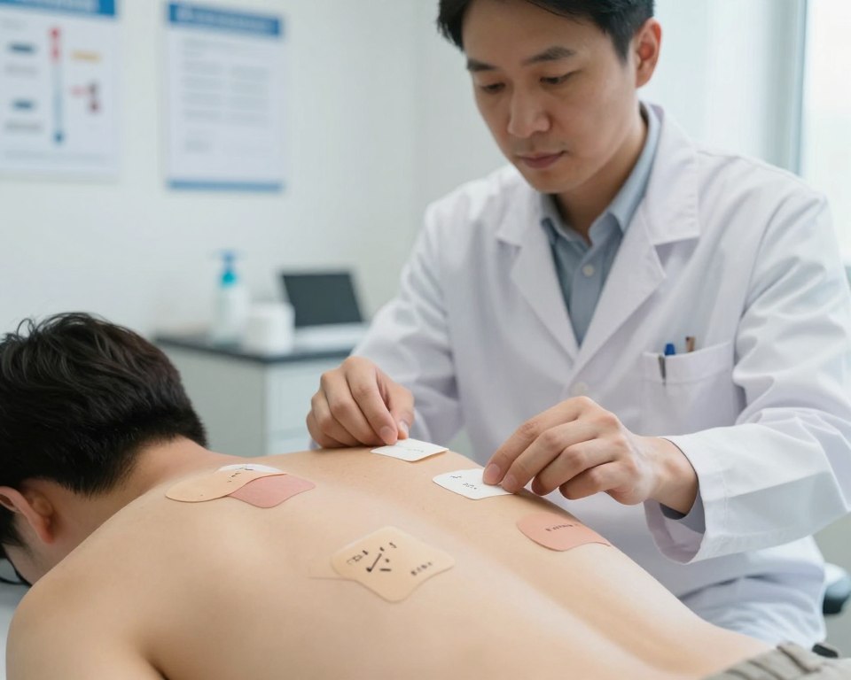 A clinical setting showcasing patch testing for allergic contact dermatitis. In the foreground, a close-up view of a patient's back with several patch test squares applied, resembling adhesive bandages, some marked with labels for different allergens. In the middle ground, a healthcare professional in a white lab coat gently examining the patches, wearing professional attire. The background features a well-lit, sterile examination room with medical charts and an examination table. Soft, natural lighting enhances the clinical atmosphere, while a slight focus blur on the background creates depth. The overall mood is serious and informative, reflecting the diagnostic process of detecting skin allergies effectively.