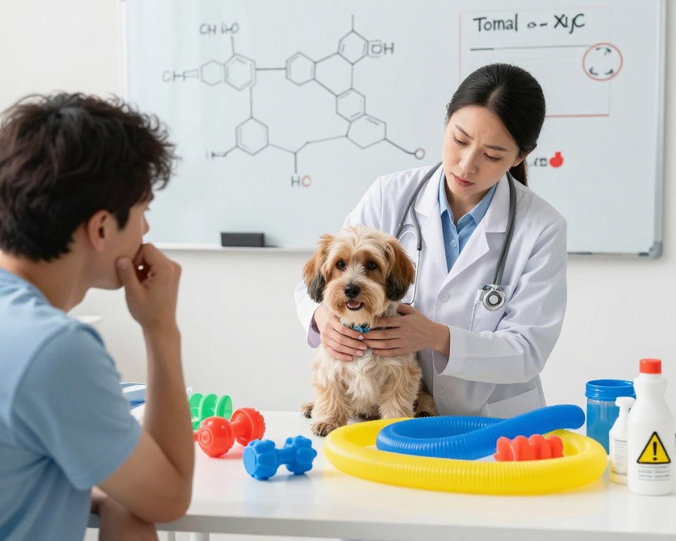 A clinical veterinary setting showcasing a veterinarian in professional attire, carefully examining a pet, surrounded by a variety of colorful PVC plastic materials. In the foreground, a concerned pet owner looks on, their expression reflecting worry about the potential toxicity of the materials. The middle ground features scattered PVC items like toys, hoses, and medical supplies, some labeled with hazard symbols, emphasizing the theme of toxicity. The background includes a whiteboard with diagrams of chemical structures related to PVC and its effects on animal health. Soft, natural lighting illuminates the scene, creating a sense of urgency and awareness. The overall mood should convey a cautious yet informative perspective on the exposure risks of PVC for pets.