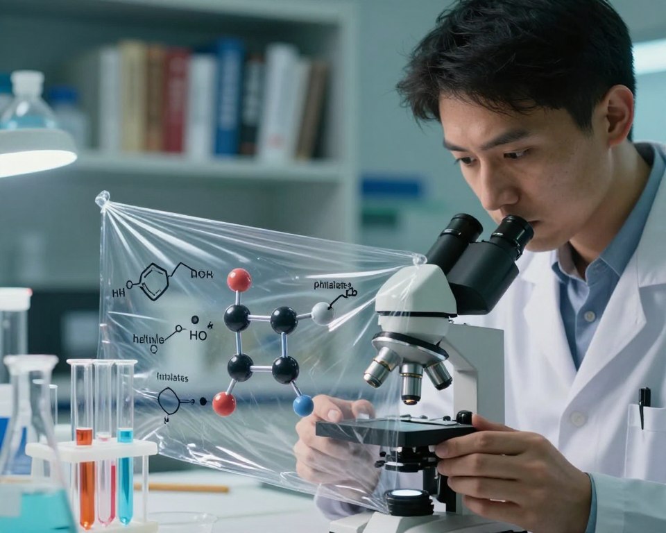 A close-up composition depicting the health effects of plastic wrap chemicals, featuring a scientist in professional attire analyzing a molecular structure of phthalates under a microscope. In the foreground, highlighted plastic wrap with chemical symbols and structures visually intertwined, representing the release of harmful substances. The middle ground displays laboratory equipment, like beakers and test tubes, under bright, focused lighting to enhance the scientific atmosphere. In the background, blurred shelves filled with chemical research books create depth, suggesting a dedicated research environment. A soft yet slightly ominous color palette of greens and blues evokes concern for health impacts, while the sharp focus on the scientist's thoughtful expression conveys the seriousness of the issue. A close-up composition depicting the health effects of plastic wrap chemicals, featuring a scientist in professional attire analyzing a molecular structure of phthalates under a microscope. In the foreground, highlighted plastic wrap with chemical symbols and structures visually intertwined, representing the release of harmful substances. The middle ground displays laboratory equipment, like beakers and test tubes, under bright, focused lighting to enhance the scientific atmosphere. In the background, blurred shelves filled with chemical research books create depth, suggesting a dedicated research environment. A soft yet slightly ominous color palette of greens and blues evokes concern for health impacts, while the sharp focus on the scientist's thoughtful expression conveys the seriousness of the issue.