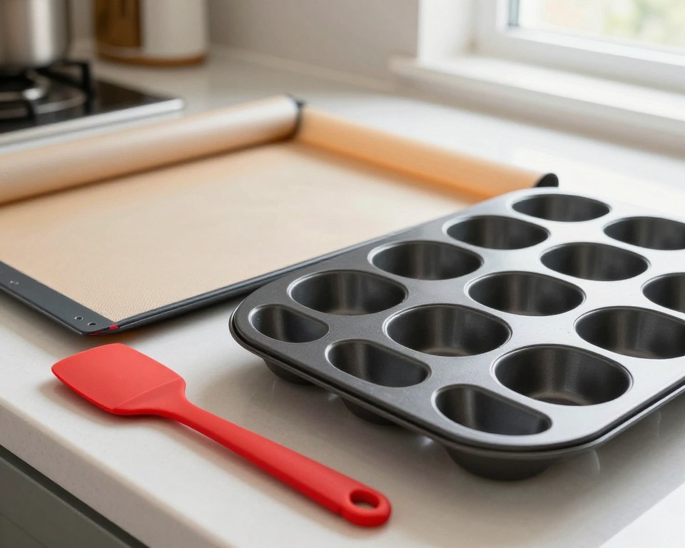 A close-up composition featuring various silicone kitchenware items including baking mats, muffin trays, and spatulas arranged neatly on a polished kitchen countertop. In the foreground, focus on a bright red silicone spatula and a sleek black muffin tray, showcasing their flexibility and vibrant colors. In the middle ground, place a baking mat partially rolled out, displaying its texture and non-stick surface. The background should consist of a softly lit kitchen setting with a hint of modern appliances, enhancing the ambiance of a safe cooking environment. Use natural light streaming through a window to create a warm and inviting atmosphere. The angle should be slightly overhead, capturing the practicality and appeal of silicone kitchenware while emphasizing its safety and compliance with regulatory standards.
