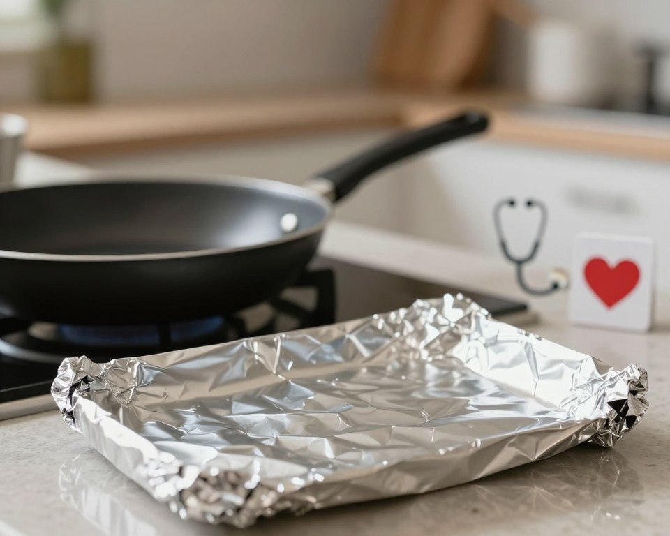 A close-up composition illustrating the health implications of aluminum exposure from cooking with aluminum foil. In the foreground, display a piece of crinkled aluminum foil with subtle reflections of light, hinting at its metallic surface. In the middle ground, incorporate various cooking utensils such as a frying pan and spatula, symbolizing the cooking process. In the background, include a blurred kitchen setting with soft, warm lighting, creating a homey atmosphere. Subtly include visual symbols of health, like a stethoscope or a heart icon, blending seamlessly with the scene to suggest concern for well-being. The mood should be informative and slightly cautionary, inviting viewers to contemplate the subject. The overall image should be clean and professional without any text or distractions.