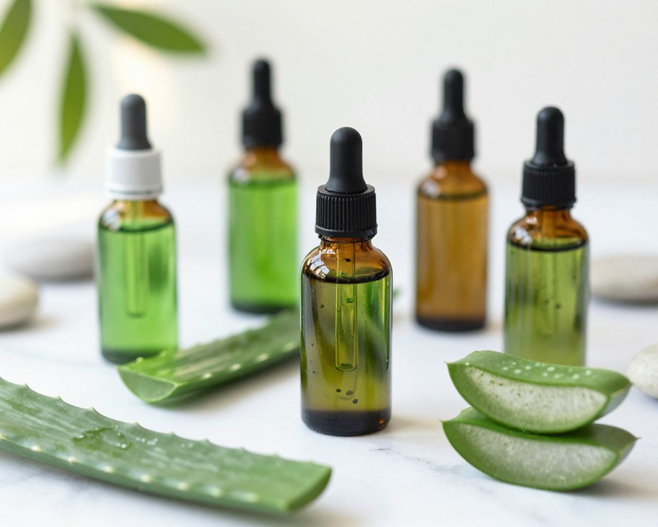 A close-up composition of various aloe vera lotions displayed on a clean, white marble surface. In the foreground, focus on beautifully designed, glass bottles of lotion, showcasing rich green hues and natural ingredients. The middle layer includes scattered fresh aloe vera leaves, emphasizing the plant's freshness and healing properties. In the background, softly blurred, there are subtle hints of natural elements like soft pebbles and a hint of sunlight filtering through blurred leaves, creating a calm, soothing atmosphere. The lighting is bright and natural, highlighting the textures of the lotion and the aloe leaves. Capture a sense of tranquility and health, perfect for an article discussing skin care and ingredients.