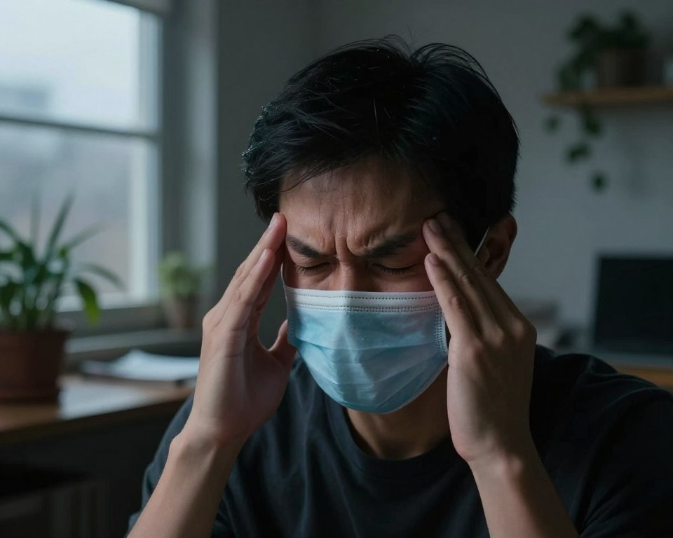 A close-up depiction of a person wearing a professional mask in a dimly lit indoor environment, reflecting visible discomfort and pain, holding their temples as if experiencing a headache. The background shows indoor elements like a cluttered desk, indoor plants wilting, and a window showing a gray, polluted sky. Soft, diffused lighting casts shadows that enhance the mood of tension and discomfort, while a subtle haze fills the room to imply the presence of air pollutants. The focus is on the individual's facial expression, conveying distress, while the surrounding details create an atmosphere of an unhealthy indoor space. The lens should have a shallow depth of field to emphasize the subject's anguish against the more indistinct background.