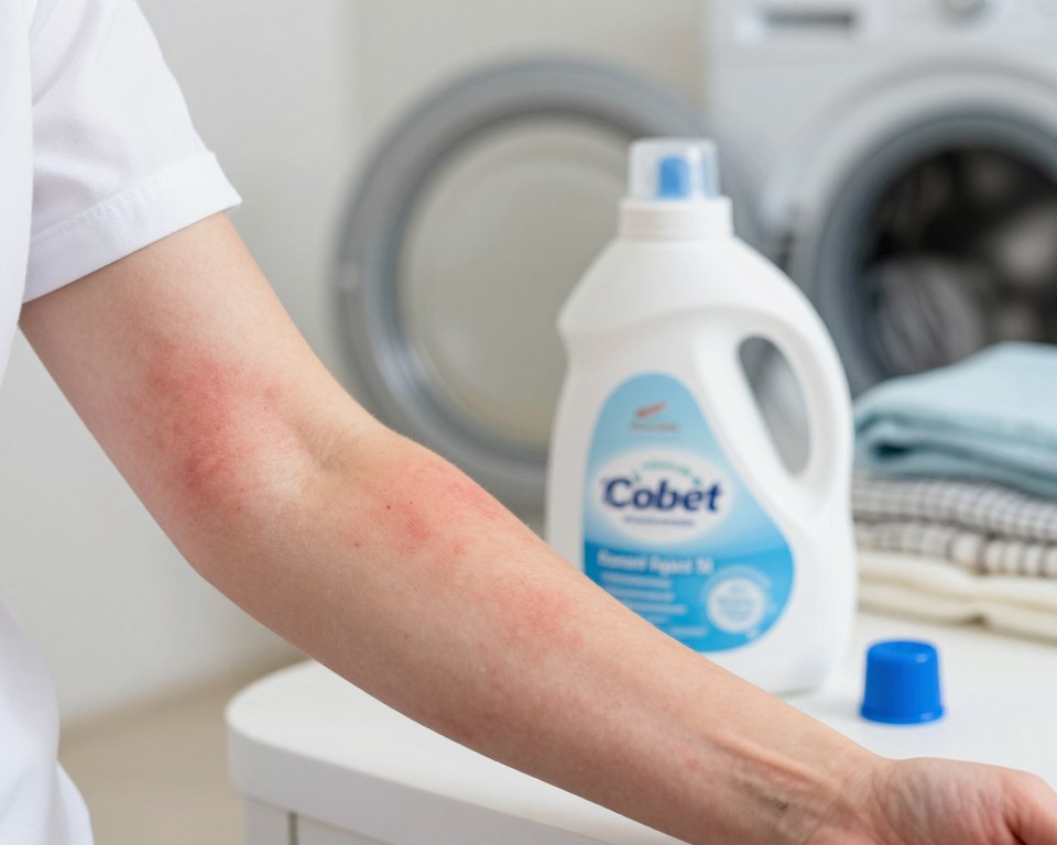 A close-up depiction of human skin showing the effects of laundry detergent overdose, highlighting rashes and irritations. In the foreground, focus on a model’s arm with visible skin irritation, featuring red patches and small welts, while wearing a professional short-sleeved shirt. In the middle ground, display a bottle of laundry detergent, slightly spilled, with a measuring cap nearby, emphasizing the excess. The background includes a soft-focus laundry room, depicting bright and clean elements like a washing machine and folded clothes, enhancing the theme of domesticity. Soft, natural lighting simulates a warm atmosphere, but with a clinical edge to evoke concern about skin hazards. The overall mood should reflect a cautionary message about the risks of overdosing on laundry detergent.