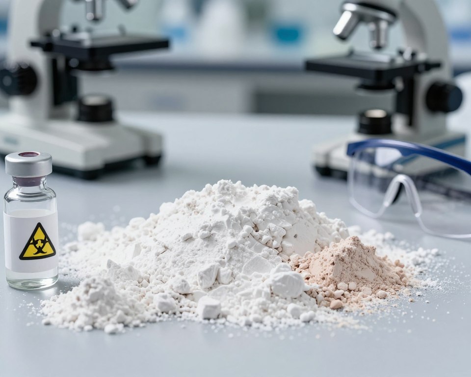 A close-up, detailed view of talc powder, showcasing its fine texture and soft white appearance, placed on a laboratory table. In the foreground, a glass vial labeled with a hazard symbol sits next to a small pile of talc powder, while a microscope and safety goggles are positioned nearby. In the middle, a split surface displays baby powder on one side and makeup powder on the other, emphasizing their contrasting contexts. In the background, a blurred laboratory setting with subtle atmospheric lighting creates a clinical yet informative mood. The image is shot with a macro lens at a slightly angled perspective to highlight the talc particles' size and the potential health risks associated with inhalation, while ensuring a professional appearance throughout.