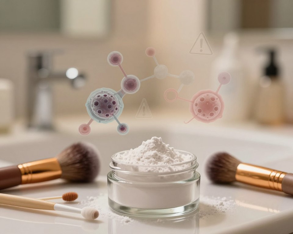 A close-up image depicting talc powder in a glass container, centrally positioned in the foreground, surrounded by scattered delicate makeup brushes and applicators. In the middle ground, an abstract representation of molecular structures and cancer cell graphics, subtly blended in muted tones, symbolizing the tension between beauty and health risks. The background shows a softly blurred image of a bathroom vanity, elegantly lit with warm, inviting light, creating a serene atmosphere. Use a shallow depth of field to emphasize the talc and makeup tools while suggesting a clinical concern with the faint outlines of caution signs integrated into the design. Capture a balanced, thoughtful mood while avoiding sensationalism, highlighting the complexity of the subject.