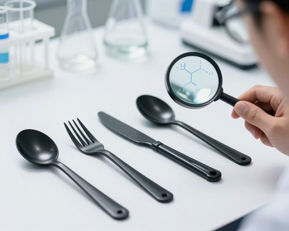 A close-up image focusing on a black plastic utensil set, including forks, knives, and spoons, arranged on a clean white surface. In the foreground, a scientist in professional attire is examining one of the utensils with a magnifying glass, highlighting the concept of chemical leaching. The middle ground features a subtle shadow of the utensils, hinting at the toxicity issue, with faint chemical symbols lightly overlaying the shadows. The background showcases a blurred laboratory setting, with beakers and scientific equipment, bathed in soft, diffused lighting to create a serious yet informative atmosphere. The image conveys a sense of caution and professionalism, emphasizing the potential health risks associated with the use of black plastic utensils.
