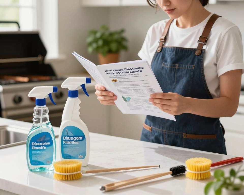 A close-up image highlighting common myths about grill cleaning safety. In the foreground, display a variety of common grill cleaning products, such as spray bottles with clear labels and brushes, arranged artfully on a clean kitchen countertop. In the middle ground, show an illustration of a person in professional attire carefully reading a safety manual about grill cleaning, with a thoughtful expression. The background features a well-lit kitchen setting, with a grill in the corner, and a potted herb plant for a fresh touch. Natural light streams in from a nearby window, creating a warm and inviting atmosphere. The overall mood should convey professionalism and safety awareness, emphasizing the importance of understanding cleaning myths.