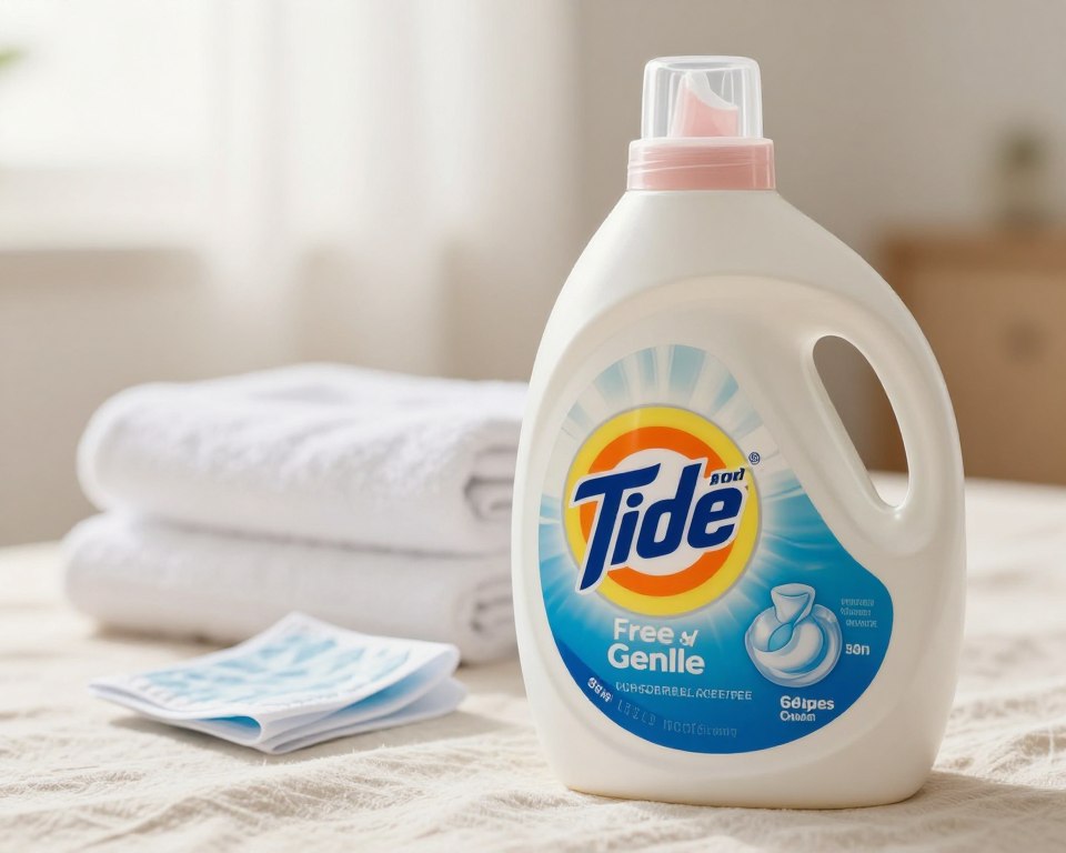A close-up image of a bottle of Tide Free and Gentle Liquid Laundry Detergent, placed on a soft, light-colored fabric surface. The bottle is prominently displayed in the foreground, showcasing its sleek design with a transparent label highlighting its fragrance-free feature. Soft natural lighting illuminates the scene, creating a warm and inviting atmosphere. In the middle background, a few scattered laundry items like white towels and a gentle fabric softener sheet add a context of laundry care. The background softly blurs to emphasize the detergent bottle, with a light gradient suggestive of a clean environment. The overall mood is serene and health-conscious, appealing to those looking for hypoallergenic solutions. A close-up image of a bottle of Tide Free and Gentle Liquid Laundry Detergent, placed on a soft, light-colored fabric surface. The bottle is prominently displayed in the foreground, showcasing its sleek design with a transparent label highlighting its fragrance-free feature. Soft natural lighting illuminates the scene, creating a warm and inviting atmosphere. In the middle background, a few scattered laundry items like white towels and a gentle fabric softener sheet add a context of laundry care. The background softly blurs to emphasize the detergent bottle, with a light gradient suggestive of a clean environment. The overall mood is serene and health-conscious, appealing to those looking for hypoallergenic solutions.