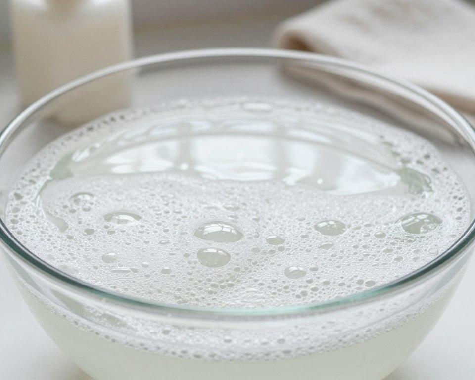 A close-up image of a clear, pristine bowl filled with plain soap and water, glistening softly under natural daylight. The foreground features delicate bubbles gently forming and popping at the surface, showcasing the cleansing properties of the soap. In the middle, subtle reflections of light create a serene atmosphere, with the edges of the bowl slightly blurred to emphasize the soap's clarity. The background consists of a softly blurred kitchen countertop environment, with hints of soap dispensers and a clean dish towel, reinforcing the theme of cleanliness. The mood is calm and inviting, promoting the idea of simplicity and effectiveness in hand hygiene. The lighting is bright and diffused, enhancing the fresh and hygienic feel of the scene. A close-up image of a clear, pristine bowl filled with plain soap and water, glistening softly under natural daylight. The foreground features delicate bubbles gently forming and popping at the surface, showcasing the cleansing properties of the soap. In the middle, subtle reflections of light create a serene atmosphere, with the edges of the bowl slightly blurred to emphasize the soap's clarity. The background consists of a softly blurred kitchen countertop environment, with hints of soap dispensers and a clean dish towel, reinforcing the theme of cleanliness. The mood is calm and inviting, promoting the idea of simplicity and effectiveness in hand hygiene. The lighting is bright and diffused, enhancing the fresh and hygienic feel of the scene.