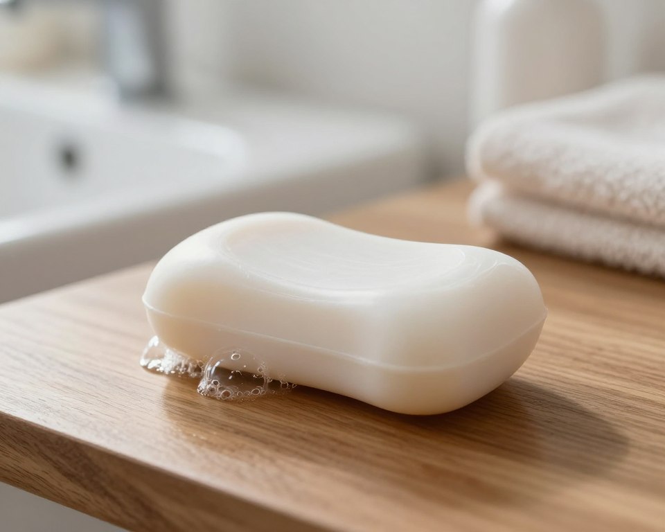 A close-up image of a single bar of plain soap resting on a smooth, polished wooden surface. The soap should have a simple, rectangular shape with a clean, white surface reflecting soft, natural light. In the foreground, delicate bubbles can be seen gently resting on the surface of the soap, adding a touch of freshness. The middle background features a blurred, minimalist bathroom setting—subtle hints of a sink and soft towels in neutral tones. The light source, coming from the left, creates gentle shadows, enhancing the cleanliness and simplicity of the scene. The overall mood is serene and uncomplicated, emphasizing the essence of plain soap in contrast to more complex antibacterial varieties. A close-up image of a single bar of plain soap resting on a smooth, polished wooden surface. The soap should have a simple, rectangular shape with a clean, white surface reflecting soft, natural light. In the foreground, delicate bubbles can be seen gently resting on the surface of the soap, adding a touch of freshness. The middle background features a blurred, minimalist bathroom setting—subtle hints of a sink and soft towels in neutral tones. The light source, coming from the left, creates gentle shadows, enhancing the cleanliness and simplicity of the scene. The overall mood is serene and uncomplicated, emphasizing the essence of plain soap in contrast to more complex antibacterial varieties.