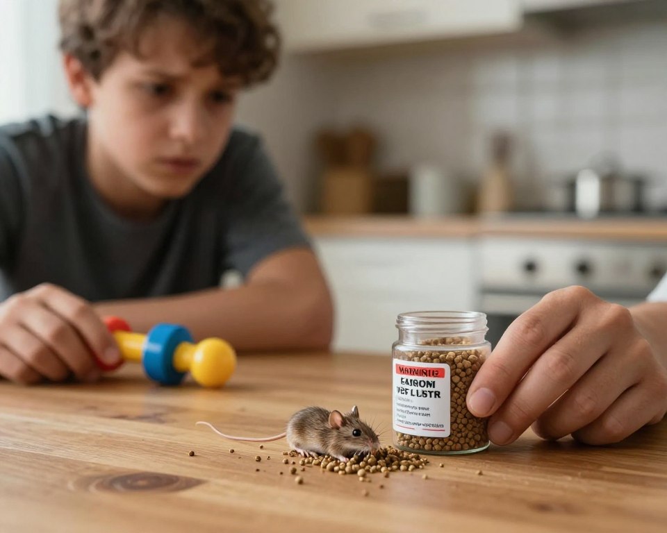 A close-up image of a small, open container of mouse poison granules on a wooden kitchen table, with a warning label clearly visible. In the foreground, a concerned adult in modest casual clothing examines the container, their expression showing worry and caution. In the middle ground, a child's toy is accidentally left nearby, symbolizing accidental exposure and the risks to families. The background features a softly blurred kitchen setting, with warm lighting creating a serious, yet alert atmosphere. The image should evoke a sense of urgency and caution around the dangers of handling mouse poison, highlighting the human health risks associated with accidental exposure. Aim for a realistic, detailed style, capturing the emotional weight of the scene.