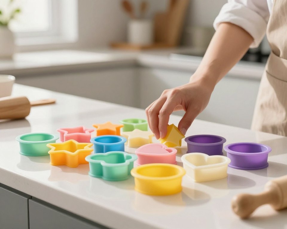 A close-up image of colorful silicone molds arranged neatly on a clean kitchen countertop, with a soft-focus background that features a modern kitchen setting. The molds should include various shapes like stars, hearts, and circles, showcasing their versatility. Well-lit with natural light streaming in from a nearby window, casting gentle shadows, creating a warm and inviting atmosphere. Incorporate a hand in professional attire, gently touching one of the molds to emphasize safety and usability. In the background, blurred kitchen utensils and baking ingredients are visible, maintaining a tidy and organized look. The overall mood is one of safety, health, and culinary creativity, capturing the essence of silicone bakeware.