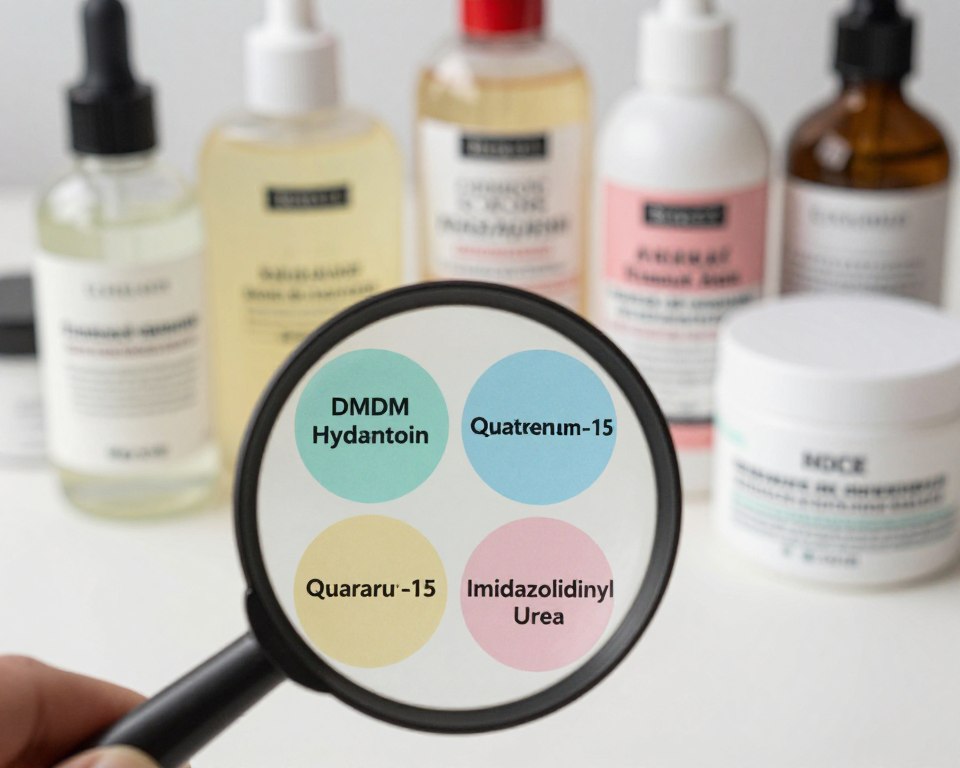 A close-up image of cosmetic ingredient labels featuring circular, colorful icons highlighting formaldehyde-releasing preservatives. The foreground shows a magnifying glass emphasizing specific ingredient names such as “DMDM Hydantoin,” “Quaternium-15,” and “Imidazolidinyl Urea” in clear, bold letters. The middle ground includes various cosmetic products like lotions, shampoos, and creams neatly arranged, showcasing labels with intricate typography. The background features a softly blurred, light-colored workspace, giving a clean and organized atmosphere. Bright, natural lighting illuminates the scene, creating an informative and professional mood. The overall composition should be detailed and visually engaging, assisting readers in understanding the hidden ingredients in cosmetics.