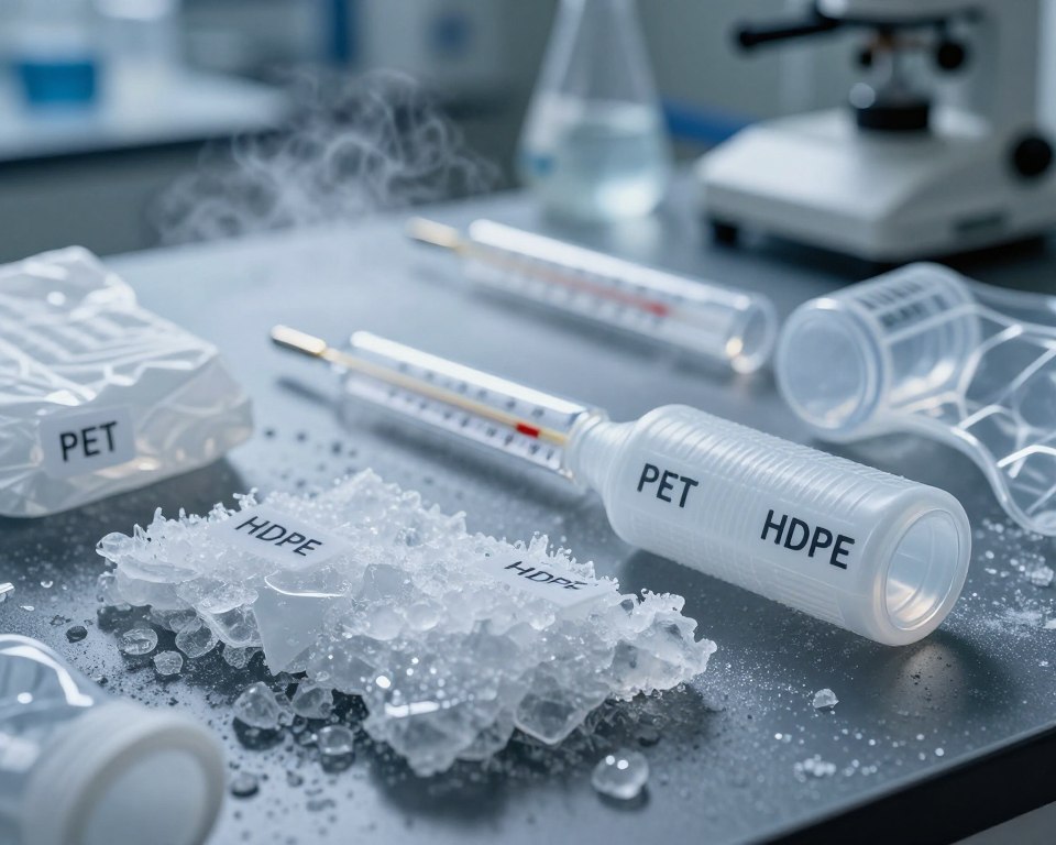 A close-up image of various types of plastic materials, each labeled with their identification codes, displayed on a dark, frosty surface to illustrate the impact of freezing. In the foreground, show vivid textures of common plastics like PET, HDPE, and PVC, partially encapsulated in ice crystals that glimmer under soft, cold lighting. The middle layer features a transparent thermometer indicating a freezing temperature, surrounded by a subtle mist that hints at the cold environment. In the background, softly blurred outlines of a laboratory setting with scientific equipment, conveying a professional and informative atmosphere. The overall mood should evoke a sense of caution, scientifically illuminating the consequences of freezing different plastics. The image should avoid any human presence, focusing entirely on the plastic materials.