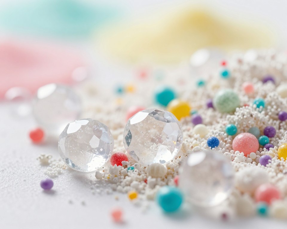 A close-up macro shot of individual particles of laundry detergent enzymes, specifically protease and amylase, beautifully arranged to showcase their crystalline structure and vibrant colors, reflecting versatility in modern formulations. In the foreground, focus on a few large enzyme crystals, detailed with faceted surfaces glistening under soft, diffused lighting, emphasizing their texture. In the middle ground, a subtle blend of powdery detergent with colorful granules shows the enzymes mixed within, surrounded by bubbles representing cleaning action. The background fades to a gentle blur of pastel colors associated with laundry, enhancing an impression of cleanliness and freshness. The atmosphere is bright and inviting, evoking a sense of modern technology and safety for sensitive skin. Use a shallow depth of field to draw attention to the foreground crystals, creating a clean and professional aesthetic. A close-up macro shot of individual particles of laundry detergent enzymes, specifically protease and amylase, beautifully arranged to showcase their crystalline structure and vibrant colors, reflecting versatility in modern formulations. In the foreground, focus on a few large enzyme crystals, detailed with faceted surfaces glistening under soft, diffused lighting, emphasizing their texture. In the middle ground, a subtle blend of powdery detergent with colorful granules shows the enzymes mixed within, surrounded by bubbles representing cleaning action. The background fades to a gentle blur of pastel colors associated with laundry, enhancing an impression of cleanliness and freshness. The atmosphere is bright and inviting, evoking a sense of modern technology and safety for sensitive skin. Use a shallow depth of field to draw attention to the foreground crystals, creating a clean and professional aesthetic.