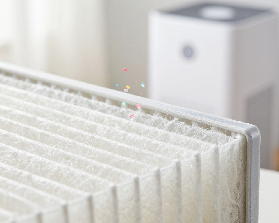 A close-up of a HEPA filter showcasing its intricate layers of fine, dense fiberglass fibers, capturing the details of its mechanical complexity. In the foreground, emphasize the textured surface of the filter to illustrate its filtration capabilities. The middle ground features air molecules represented as colorful particles, subtly merging into the structure, suggesting the filtration process at work. In the background, depict a soft-focus air purifier unit, radiating gentle light to enhance the technological feel. The overall atmosphere should convey a sense of cleanliness and efficiency, with bright, natural lighting illuminating the scene, creating a fresh and sterile ambiance. Use a shallow depth of field to focus on the filter while keeping the air purifier and surrounding elements softly blurred.