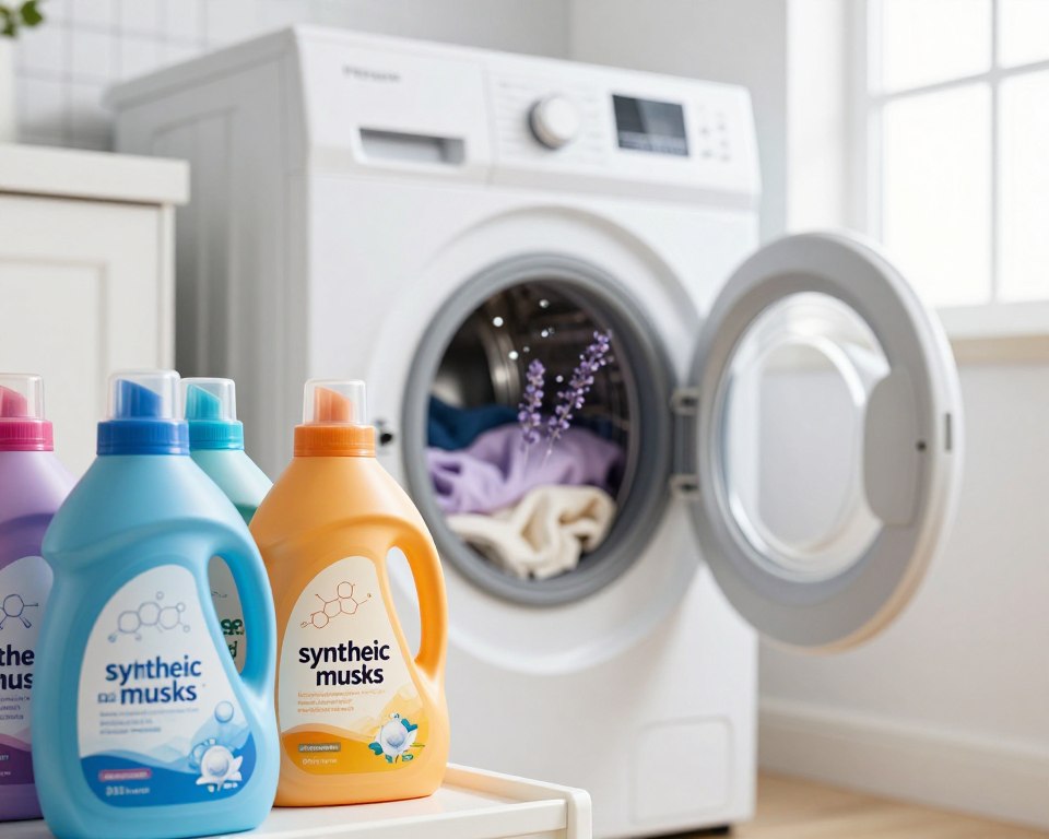 A close-up of a bright, modern American laundry room, featuring various household products prominently displayed. In the foreground, colorful bottles of laundry detergent are arranged neatly on a shelf, with labels highlighting synthetic musks and their chemical structures in a subtle way. The middle ground showcases a washing machine, open and revealing a pile of freshly laundered clothes, with a faint lavender scent illustration visualized above them. In the background, a window with bright natural light casts soft shadows, creating a clean and inviting atmosphere. The mood is slightly tense, hinting at the unseen health risks of synthetic musks, with a focus on visual clarity and detail in the textures of the products. The angle of the shot is slightly elevated, capturing the entire scene with a lens that provides sharp focus and depth.