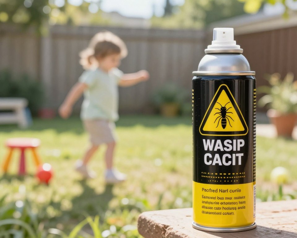 A close-up of a can of wasp spray prominently displayed in the foreground, with clear warning labels and a bright yellow-and-black color scheme emphasizing danger. The middle ground features a hazy silhouette of a child playing innocently, reminding viewers of the risks associated with the spray. In the background, a sunlit backyard scene with a few plants and toys creates a juxtaposition between the natural environment and the potential threat of the spray. The lighting is bright and clear, casting soft shadows that enhance the serious tone of the image. The overall mood conveys caution and raises awareness about the dangers of using wasp spray around children, encouraging a thoughtful consideration of safety.