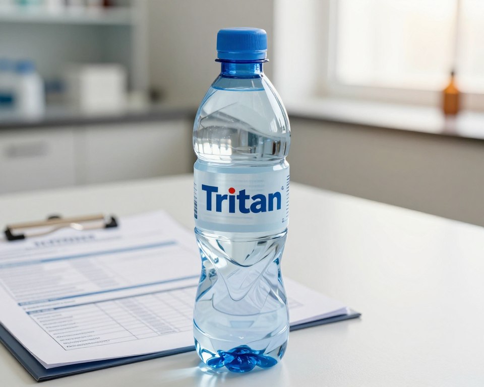 A close-up of a clear Tritan plastic water bottle, showcasing its smooth surface and transparency, sits prominently in the foreground. The bottle is half-filled with clean, blue water, reflecting light in a way that highlights its safety features. In the middle ground, a regulatory checklist and scientific documents are carefully placed, hinting at compliance and safety standards. The background features a soft-focus laboratory setting with bright, natural lighting, emphasizing a clean and professional atmosphere. The image captures a sense of trust and safety surrounding Tritan plastic, with warm tonal hues creating an inviting feel. The angle is slightly tilted to create dynamic interest while maintaining clarity and focus on the subjects. A close-up of a clear Tritan plastic water bottle, showcasing its smooth surface and transparency, sits prominently in the foreground. The bottle is half-filled with clean, blue water, reflecting light in a way that highlights its safety features. In the middle ground, a regulatory checklist and scientific documents are carefully placed, hinting at compliance and safety standards. The background features a soft-focus laboratory setting with bright, natural lighting, emphasizing a clean and professional atmosphere. The image captures a sense of trust and safety surrounding Tritan plastic, with warm tonal hues creating an inviting feel. The angle is slightly tilted to create dynamic interest while maintaining clarity and focus on the subjects.