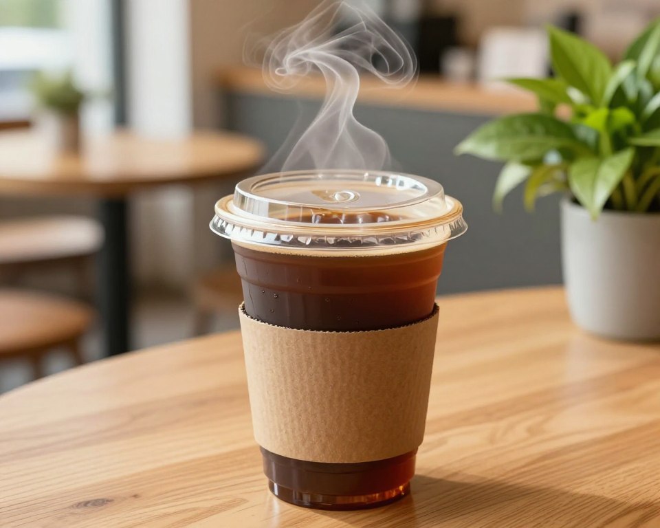 A close-up of a clear plastic coffee cup filled with steaming coffee, placed on a wooden table. The cup has a tightly fitting lid and a paper sleeve with a textured design, emphasizing safety for daily use. In the background, a bright and cozy café setting with soft, warm lighting enhances the inviting atmosphere. A vibrant green plant is visible on the side, symbolizing health and wellness. The camera angle is slightly from above, focusing on the details of the cup and its steam swirl, suggesting freshness. The overall mood is reassuring and upbeat, inviting viewers to consider the safety of plastic coffee cups in a daily routine.