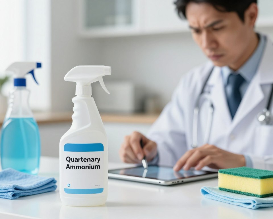 A close-up of a disinfectant bottle labeled with the words “Quaternary Ammonium” prominently displayed in the foreground, surrounded by a blurred array of household cleaning items like cloths and sponges. In the middle, a doctor's hands in professional business attire are conducting a thorough analysis of health data on a tablet, looking concerned. In the background, a soft-focus image of a modern kitchen setting conveys the idea of daily home use. The lighting is bright and clinical, with a slight spotlight effect on the disinfectant, creating an atmosphere of caution. The color palette should combine clean whites and soft blues to evoke a sense of health awareness and potential risk.