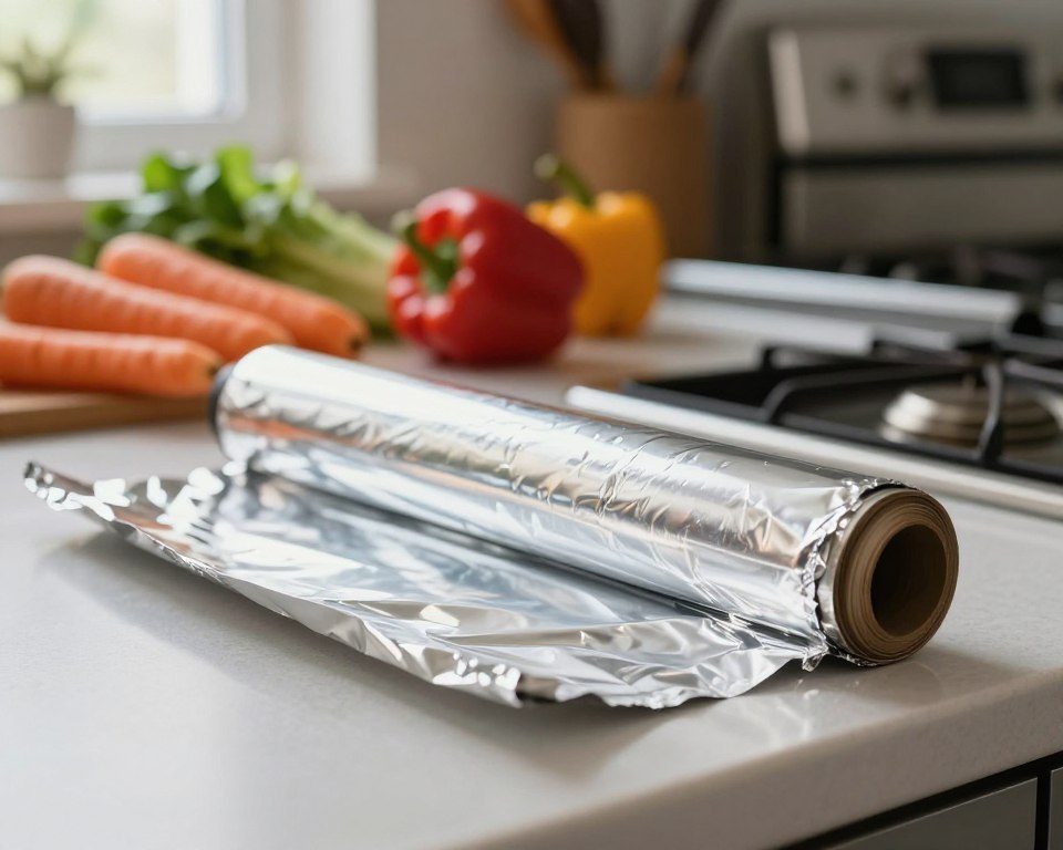 A close-up of a kitchen countertop featuring a shiny roll of aluminum foil, partially unrolled, with reflections of light glinting off its surface. In the background, a stainless steel oven and an array of fresh vegetables, such as bell peppers and carrots, are visible, creating a vibrant and inviting cooking environment. Soft, natural lighting from a nearby window bathes the scene, highlighting the texture of the foil and the freshness of the produce. The mood is warm and domestic, suggesting a safe and healthy cooking process. The composition should focus on the foil as the main subject while providing a context that emphasizes cooking safety.