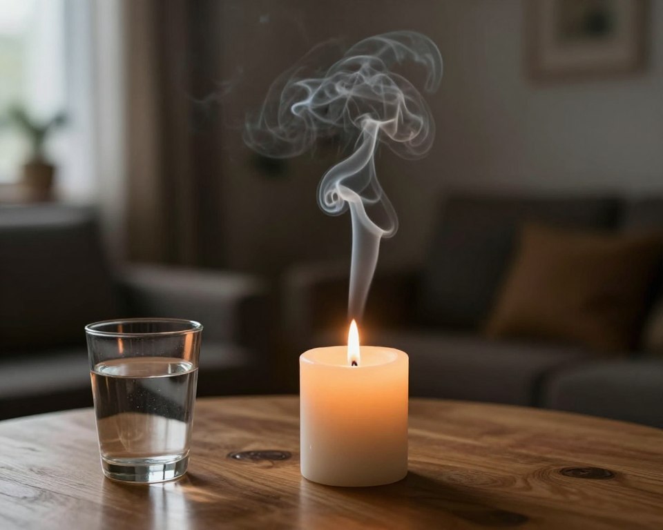 A close-up of a lit candle emitting wisps of curling smoke in a dimly lit, cozy room. In the foreground, a glass of water rests on a wooden table, symbolizing cleansing. The middle ground features the candle, focusing on the delicate, swirling smoke patterns rising into the air, potentially toxic in nature. In the background, soft shadows reveal a softly blurred, stylish home interior, with soft, warm lighting that gives a sense of intimacy and calm. The mood is contemplative, urging viewers to consider the unseen risks associated with inhaling candle smoke. Capture the scene with a slight overhead angle to emphasize the smoke's delicate movement and to create a visually engaging composition. A close-up of a lit candle emitting wisps of curling smoke in a dimly lit, cozy room. In the foreground, a glass of water rests on a wooden table, symbolizing cleansing. The middle ground features the candle, focusing on the delicate, swirling smoke patterns rising into the air, potentially toxic in nature. In the background, soft shadows reveal a softly blurred, stylish home interior, with soft, warm lighting that gives a sense of intimacy and calm. The mood is contemplative, urging viewers to consider the unseen risks associated with inhaling candle smoke. Capture the scene with a slight overhead angle to emphasize the smoke's delicate movement and to create a visually engaging composition.