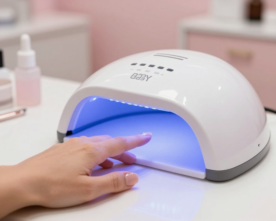 A close-up of a modern gel nail UV lamp being used in a professional nail salon setting, emphasizing its potential risks to skin health. The foreground showcases a well-groomed hand resting on a stylish salon table, with a glimmering gel nail reflecting the UV light of the lamp. In the middle, the sleek, high-tech gel lamp emits a soft, diffused blue light, casting gentle shadows on the hand. The background features a softly blurred salon interior with soothing pastel colors, enhancing a calm and professional atmosphere. The lighting is bright yet soft, with a focus on the interaction between the UV light and the skin. The mood is informative and slightly cautionary, aimed at raising awareness about skin safety.