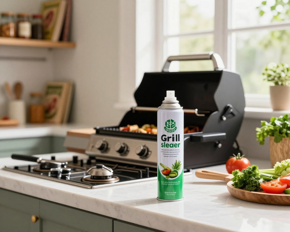 A close-up of a modern kitchen counter featuring a canister of grill cleaner spray labeled as food-safe. In the foreground, the sleek spray can, adorned with green and white eco-friendly designs, stands prominently next to a neatly arranged set of grilling utensils. In the middle ground, a clean, well-maintained grill is visible, surrounded by fresh vegetables and herbs, emphasizing the safe food areas. Soft, natural lighting streams in from a nearby window, creating a warm and inviting atmosphere. In the background, a kitchen shelf displays organized condiment jars and cooking books, adding a homely touch. The overall mood conveys safety, cleanliness, and readiness for grilling.