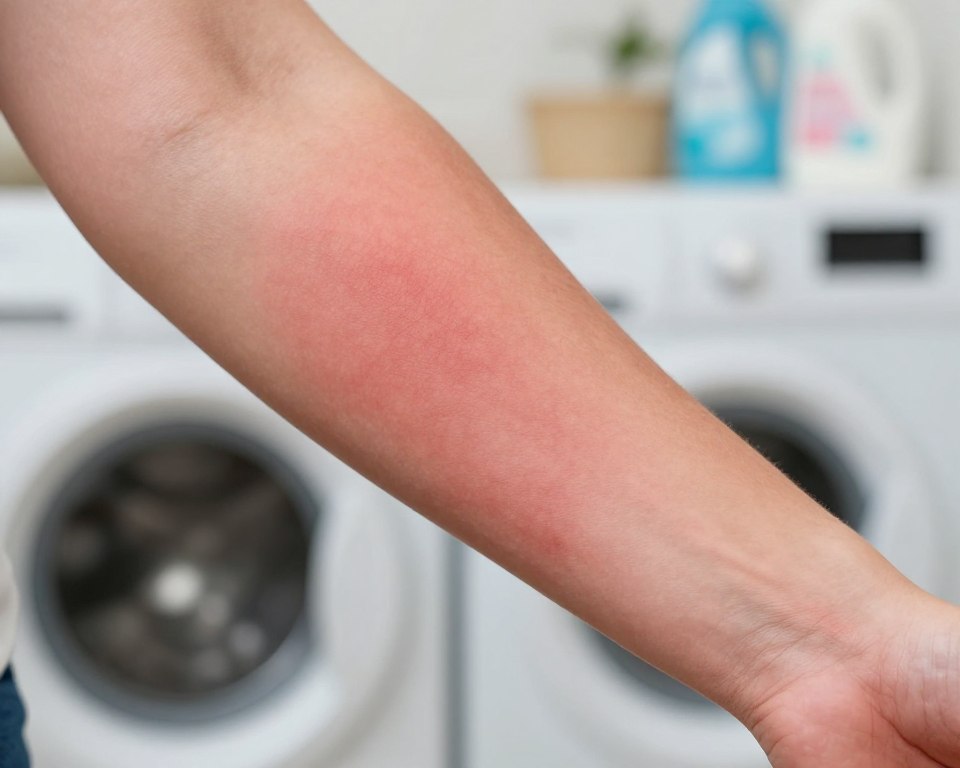 A close-up of a person’s forearm showing patches of red, irritated skin, reflecting an allergic reaction to laundry detergent. The skin appears inflamed with an emphasis on the texture and color contrast, capturing the details of the irritation clearly. In the background, a blurred laundry room scene with a washing machine and detergent bottles, subtly suggesting a domestic environment. The lighting is soft and diffuse, highlighting the affected skin without harsh shadows, creating an informative yet clinical atmosphere. The angle is slightly tilted to give a natural perspective of the arm. The overall mood conveys concern and awareness about skin sensitivities related to household products. A close-up of a person’s forearm showing patches of red, irritated skin, reflecting an allergic reaction to laundry detergent. The skin appears inflamed with an emphasis on the texture and color contrast, capturing the details of the irritation clearly. In the background, a blurred laundry room scene with a washing machine and detergent bottles, subtly suggesting a domestic environment. The lighting is soft and diffuse, highlighting the affected skin without harsh shadows, creating an informative yet clinical atmosphere. The angle is slightly tilted to give a natural perspective of the arm. The overall mood conveys concern and awareness about skin sensitivities related to household products.