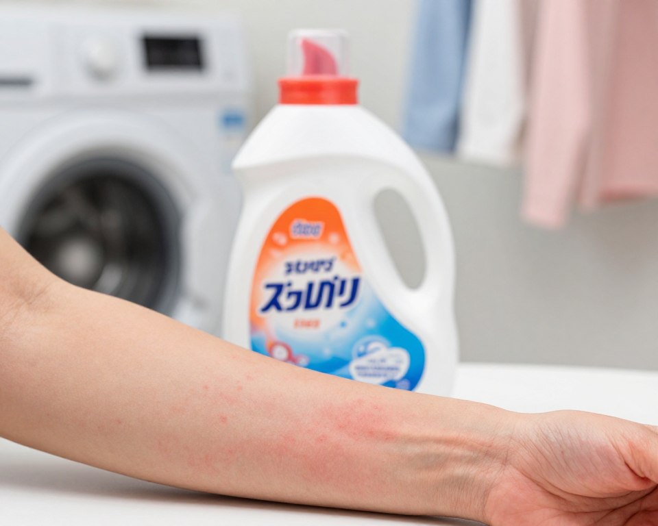 A close-up of a person’s forearm showing skin irritation caused by laundry detergent, with redness and small bumps highlighting the irritation. The foreground features the arm in focus, with the texture of the irritated skin clearly visible. In the middle, a bottle of traditional laundry detergent sits slightly out of focus, with bright, colorful packaging, suggesting synthetic fragrances. The background is a blurred image of a laundry room, with a washing machine and clothes hanging, creating a domestic atmosphere. The lighting is bright and clinical, emphasizing the contrast between the irritation and the colorful detergent. The overall mood conveys concern about the potential health impacts of synthetic ingredients in everyday products. A close-up of a person’s forearm showing skin irritation caused by laundry detergent, with redness and small bumps highlighting the irritation. The foreground features the arm in focus, with the texture of the irritated skin clearly visible. In the middle, a bottle of traditional laundry detergent sits slightly out of focus, with bright, colorful packaging, suggesting synthetic fragrances. The background is a blurred image of a laundry room, with a washing machine and clothes hanging, creating a domestic atmosphere. The lighting is bright and clinical, emphasizing the contrast between the irritation and the colorful detergent. The overall mood conveys concern about the potential health impacts of synthetic ingredients in everyday products.