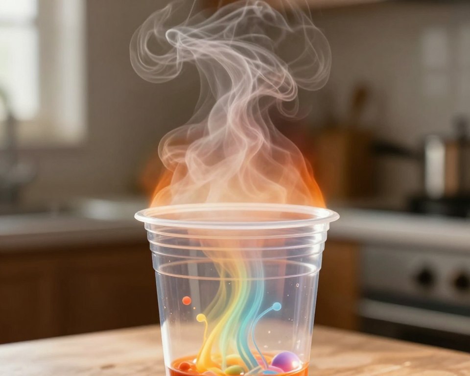 A close-up of a plastic coffee cup being subjected to heat, with steam rising from the rim. The foreground shows the cup, transparent enough to reveal hints of chemical compounds being released, depicted as colorful tendrils escaping into the air. In the middle, a gradient of warm colors, representing heat, surrounds the cup, enhancing the visual impact of chemical migration. The background features an abstract representation of a kitchen setting, softly blurred to keep focus on the cup. Natural sunlight streams in from the side, creating warm highlights and gentle shadows. The overall atmosphere is one of scientific inquiry and concern, inviting viewers to contemplate the effects of heat on plastic materials. The image conveys a clear message without any text or distractions.