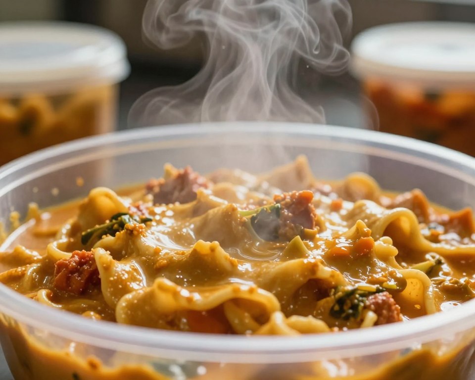 A close-up of a steaming bowl of rich, fatty food, such as creamy pasta or a vibrant curry, set against a softly blurred kitchen background. The dish is filled with glistening ingredients that suggest the interaction of heat, fat, and plastic. Delicate swirls of vapor rise from the food, highlighting the process of plastic migration. Subtle reflections of food particles can be seen on the surface of surrounding plastic containers, hinting at their interaction. Lighting is warm, casting a cozy, inviting glow over the scene, enhancing the textures and colors of the food. The camera angle is slightly downward, emphasizing the dish while keeping the focus on the interplay between hot food and plastic. The atmosphere feels academic yet engaging, aiming to provoke thought on the implications of heat and material interaction.