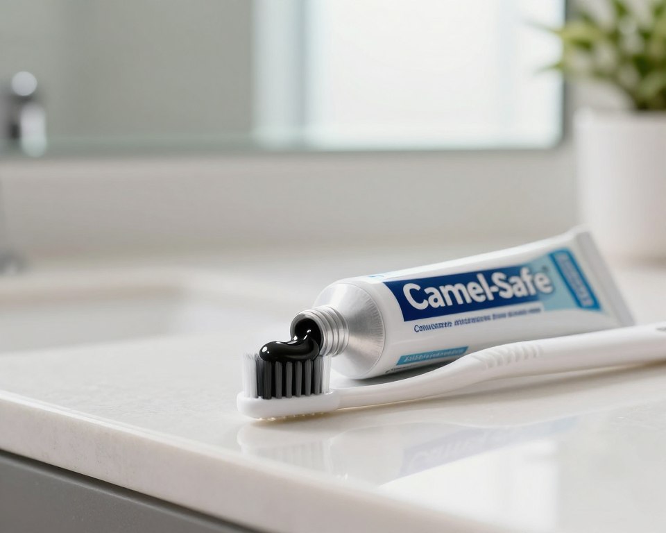 A close-up of a tube of enamel-safe activated charcoal toothpaste, resting on a polished bathroom countertop. The toothpaste is smoothly squeezed out in a swirl, showing its dark charcoal color contrasted against a bright white toothbrush beside it. In the background, a well-lit mirror reflects soft morning light, creating a clean and hygienic atmosphere. Natural plants can be seen on the side, enhancing the freshness of the scene. The focus is sharp on the toothpaste and toothbrush, with a shallow depth of field giving a slight blur to the background. The mood is calm and inviting, conveying a sense of care for dental health while assessing the product's enamel-friendliness. A close-up of a tube of enamel-safe activated charcoal toothpaste, resting on a polished bathroom countertop. The toothpaste is smoothly squeezed out in a swirl, showing its dark charcoal color contrasted against a bright white toothbrush beside it. In the background, a well-lit mirror reflects soft morning light, creating a clean and hygienic atmosphere. Natural plants can be seen on the side, enhancing the freshness of the scene. The focus is sharp on the toothpaste and toothbrush, with a shallow depth of field giving a slight blur to the background. The mood is calm and inviting, conveying a sense of care for dental health while assessing the product's enamel-friendliness.
