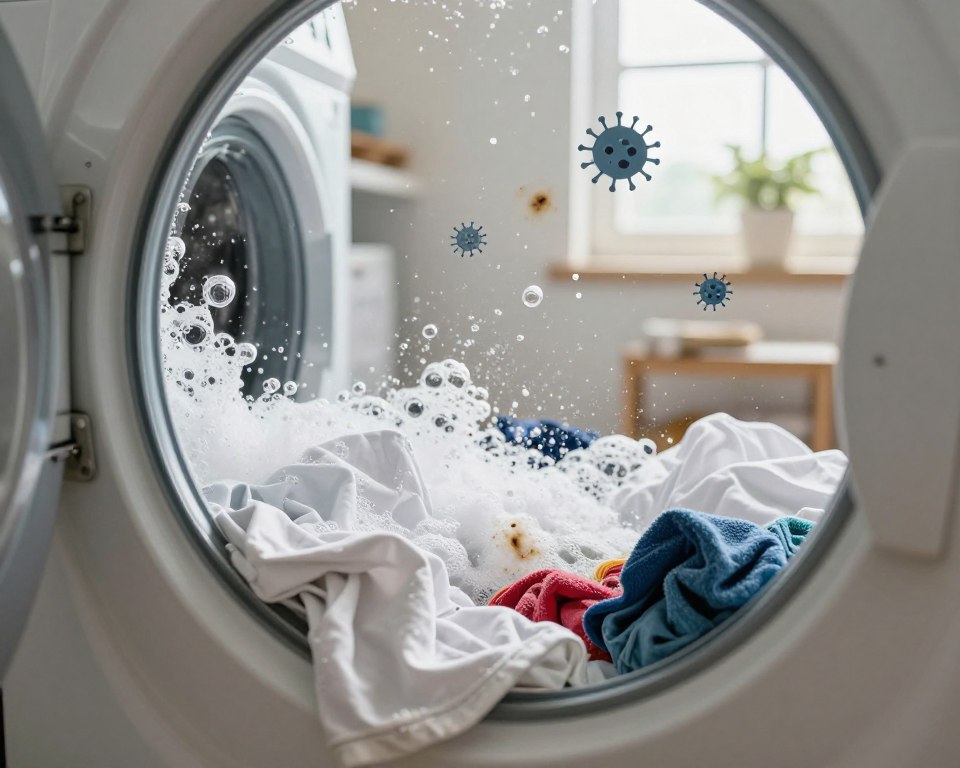 A close-up of a washing machine filled with frothy cold water detergent, bubbles rising against the glass door. In the foreground, a collection of dirty laundry items, including a faded white shirt and a colorful towel, lies scattered, symbolizing the challenges of cleaning in cold water. The middle ground features a graphic representation of germ icons and stains, illustrating common issues faced with cold water detergents—like ineffective stain removal and limited sanitizing. In the background, a soft-focus laundry room, warmly lit with natural daylight filtering through a window, evokes a sense of familiarity and everyday challenges. The overall mood is contemplative and realistic, capturing the essence of the struggle with cold water detergent effectiveness. A close-up of a washing machine filled with frothy cold water detergent, bubbles rising against the glass door. In the foreground, a collection of dirty laundry items, including a faded white shirt and a colorful towel, lies scattered, symbolizing the challenges of cleaning in cold water. The middle ground features a graphic representation of germ icons and stains, illustrating common issues faced with cold water detergents—like ineffective stain removal and limited sanitizing. In the background, a soft-focus laundry room, warmly lit with natural daylight filtering through a window, evokes a sense of familiarity and everyday challenges. The overall mood is contemplative and realistic, capturing the essence of the struggle with cold water detergent effectiveness.
