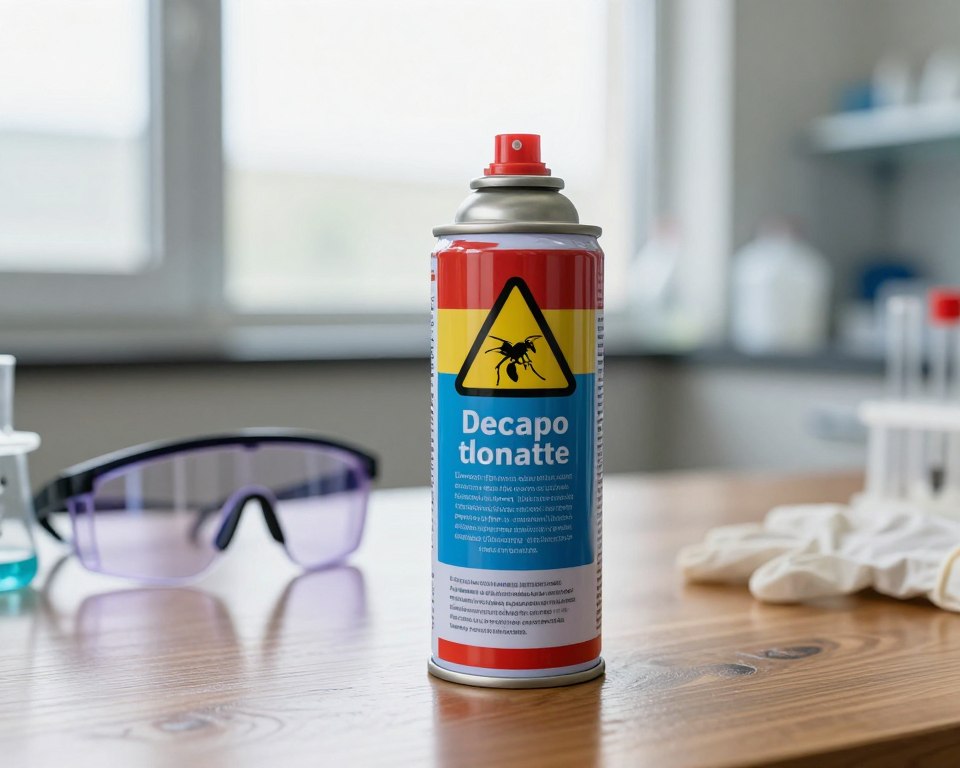 A close-up of a wasp spray canister, prominently displayed in the foreground, showcasing its colorful label with regulatory symbols and hazard warnings. The can is placed on a textured wooden surface, reflecting the serious nature of chemical safety. In the middle ground, a blurred outline of a laboratory setting with safety equipment, such as gloves and goggles, suggests a professional environment where toxicity is assessed. In the background, diffused daylight streams through a window, creating a bright but cautious atmosphere, symbolizing the importance of safety in chemical usage. The mood is informative and serious, emphasizing the regulatory standards and labeling requirements relevant to wasp repellent toxicity.