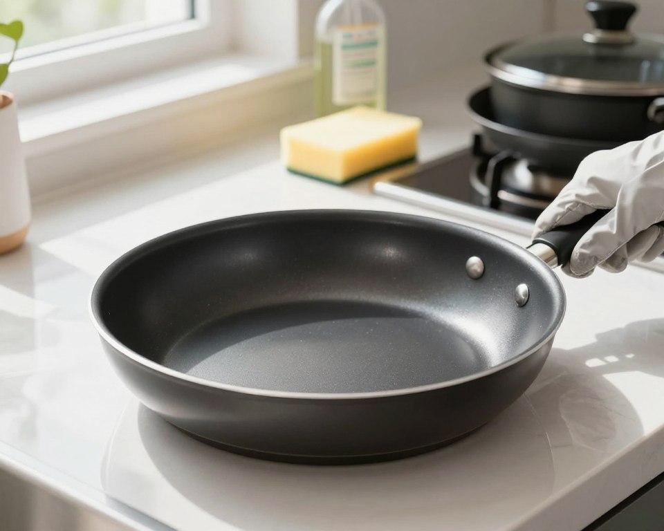 A close-up of a well-maintained nonstick frying pan, showcasing its smooth, glossy surface reflecting bright kitchen lighting. In the foreground, a hand wearing a professional kitchen glove carefully inspects the pan, highlighting best practices for Teflon cookware maintenance. The middle section includes a clean, organized kitchen countertop with gentle shadows and soft natural light streaming in from a nearby window. Subtly displayed in the background are various nonstick pots, a sponge, and a bottle of gentle dish soap, symbolizing safe cleaning methods. The overall mood conveys a sense of care and professionalism, emphasizing safety in cooking. The image should be bright and inviting, focused clearly on the cookware with an inviting domestic atmosphere. A close-up of a well-maintained nonstick frying pan, showcasing its smooth, glossy surface reflecting bright kitchen lighting. In the foreground, a hand wearing a professional kitchen glove carefully inspects the pan, highlighting best practices for Teflon cookware maintenance. The middle section includes a clean, organized kitchen countertop with gentle shadows and soft natural light streaming in from a nearby window. Subtly displayed in the background are various nonstick pots, a sponge, and a bottle of gentle dish soap, symbolizing safe cleaning methods. The overall mood conveys a sense of care and professionalism, emphasizing safety in cooking. The image should be bright and inviting, focused clearly on the cookware with an inviting domestic atmosphere.