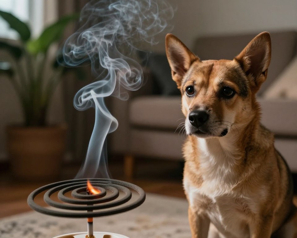 A close-up of a worried household pet, such as a dog or cat, sitting near a burning mosquito coil. In the foreground, the pet looks uneasy, with wide eyes and alert body language, conveying distress. The middle layer showcases the glowing mosquito coil, with smoke curling up in distinct patterns, hinting at the toxicity. The background features a softly blurred domestic setting, like a living room, with plants that might symbolize a natural yet toxic environment. The lighting is warm but moody, casting shadows that enhance the sense of concern and danger. The atmosphere is tense, evoking the potential health risks of mosquito coil use around beloved pets.