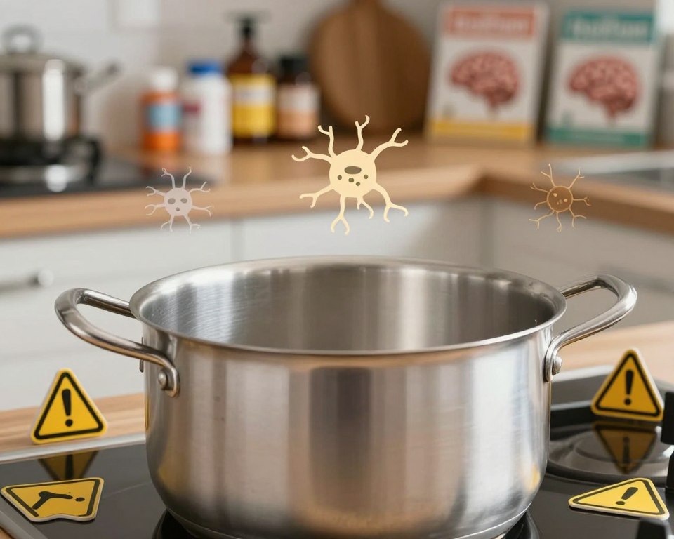 A close-up of aluminum cookware, focusing on a shiny pot with a subtle patina, positioned prominently in the foreground. Surrounding the pot, scattered visuals of common symbols representing health concerns, like stylized neurons and caution signs. In the middle ground, a soft blur suggests a kitchen setting with muted, warm lighting to create an inviting yet thought-provoking atmosphere. The background features a wooden countertop with health-related items, like vitamins and brain-health books. The overall mood conveys a sense of caution and curiosity about the implications of using aluminum cookware. The image should be captured from a slightly elevated angle to enhance the layout and maintain a professional tone. No text, logos, or watermarks should be included. A close-up of aluminum cookware, focusing on a shiny pot with a subtle patina, positioned prominently in the foreground. Surrounding the pot, scattered visuals of common symbols representing health concerns, like stylized neurons and caution signs. In the middle ground, a soft blur suggests a kitchen setting with muted, warm lighting to create an inviting yet thought-provoking atmosphere. The background features a wooden countertop with health-related items, like vitamins and brain-health books. The overall mood conveys a sense of caution and curiosity about the implications of using aluminum cookware. The image should be captured from a slightly elevated angle to enhance the layout and maintain a professional tone. No text, logos, or watermarks should be included.