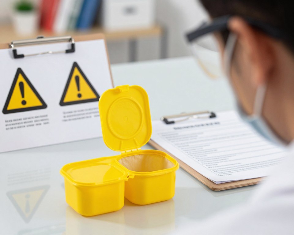 A close-up of an open rat poison container, showcasing its bright, dangerous color against a reflective surface. In the foreground, a person in professional attire, such as a lab coat and safety goggles, inspects the container, symbolizing safety measures. The middle ground reveals safety warning symbols and a clipboard with regulatory documentation about rat poison safety standards. The background features blurred images of a domestic setting, hinting at where such products are often found. The lighting is bright and clinical, drawing attention to potential hazards, while shadows create depth. The overall atmosphere is serious yet educational, emphasizing the importance of safety and regulatory compliance in handling rat poison.