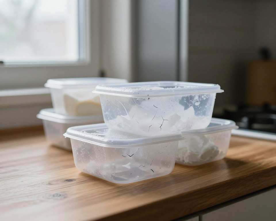 A close-up of several pieces of frozen plastic containers displayed on a wooden kitchen countertop. Ice crystals coat the surfaces, highlighting imperfections such as cracks and dullness in the plastic. In the background, a blurred refrigerator and frost-covered window can be seen, suggesting a cold atmosphere. Soft, natural light streams in from the window, casting gentle shadows that accentuate the texture of the damaged plastic. The mood is contemplative, inviting viewers to consider the potential effects of freezing on everyday plastic items. Focused sharpness on the damaged surfaces contrasts with a soft focus on the background, creating a professional look suitable for an informative article.