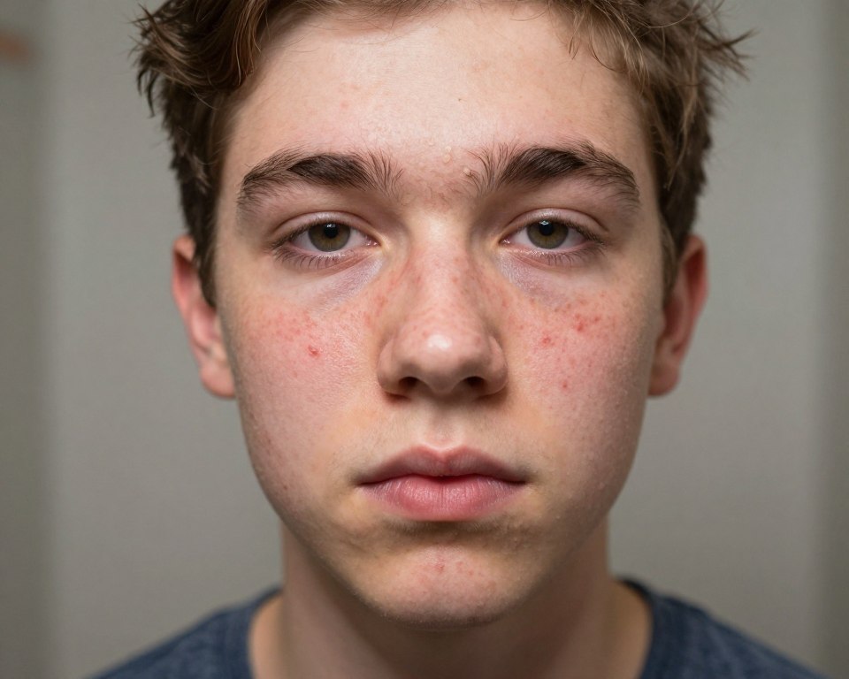 A close-up portrait of a teenage face with acne, showcasing various types and stages of acne such as pimples, whiteheads, and blackheads. The subject has a youthful appearance, wearing modest casual clothing that complements their natural look. Soft, diffused lighting highlights the texture of the skin and the imperfections, creating a sense of realism. The background features a subtle blurred bathroom environment, emphasizing a relatable setting for skincare discussions. The mood is neutral and informative, focusing on understanding rather than judgment. The angle captures a straight-on view, ensuring clarity while maintaining a professional tone suitable for educational purposes. A close-up portrait of a teenage face with acne, showcasing various types and stages of acne such as pimples, whiteheads, and blackheads. The subject has a youthful appearance, wearing modest casual clothing that complements their natural look. Soft, diffused lighting highlights the texture of the skin and the imperfections, creating a sense of realism. The background features a subtle blurred bathroom environment, emphasizing a relatable setting for skincare discussions. The mood is neutral and informative, focusing on understanding rather than judgment. The angle captures a straight-on view, ensuring clarity while maintaining a professional tone suitable for educational purposes.